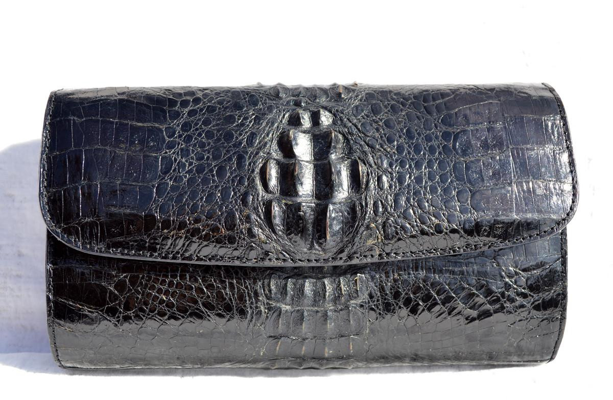 Jet BLACK 1990's Hornback CROCODILE Skin Shoulder Bag Clutch