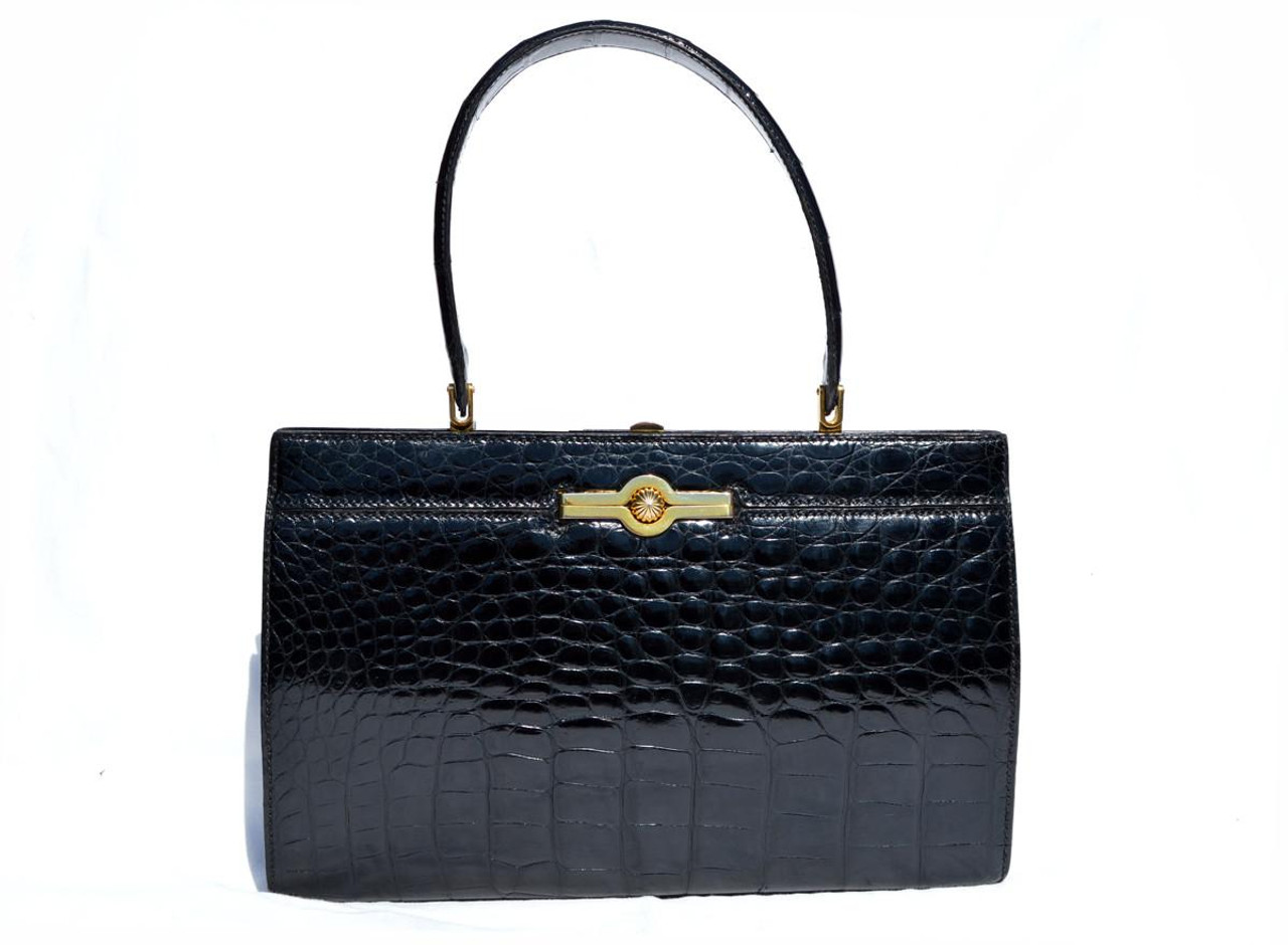 バッグ vintage leather hand bag Classic 1950s-60's Jet Black SAKS FIFTH AVENUE Alligator
