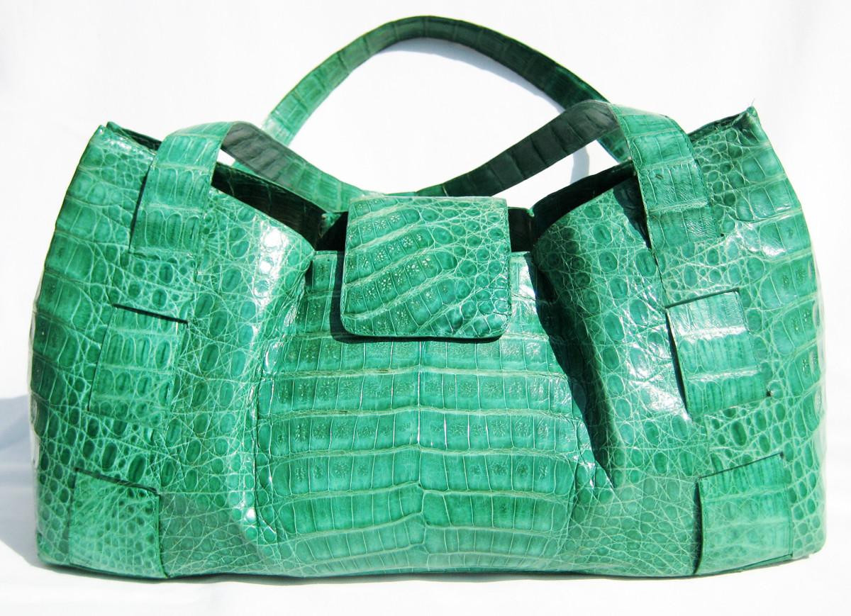 XL Bright GREEN CROCODILE Belly Skin Satchel SHOULDER Bag - NANCY