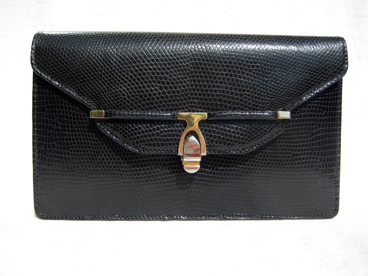 1970's-80's Gucci Style BLACK Lizard Skin CLUTCH Shoulder Bag by