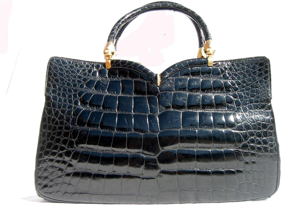 ROSENFELD 1950s-60's Jet Black ALLIGATOR Skin Handbag - Vintage Skins