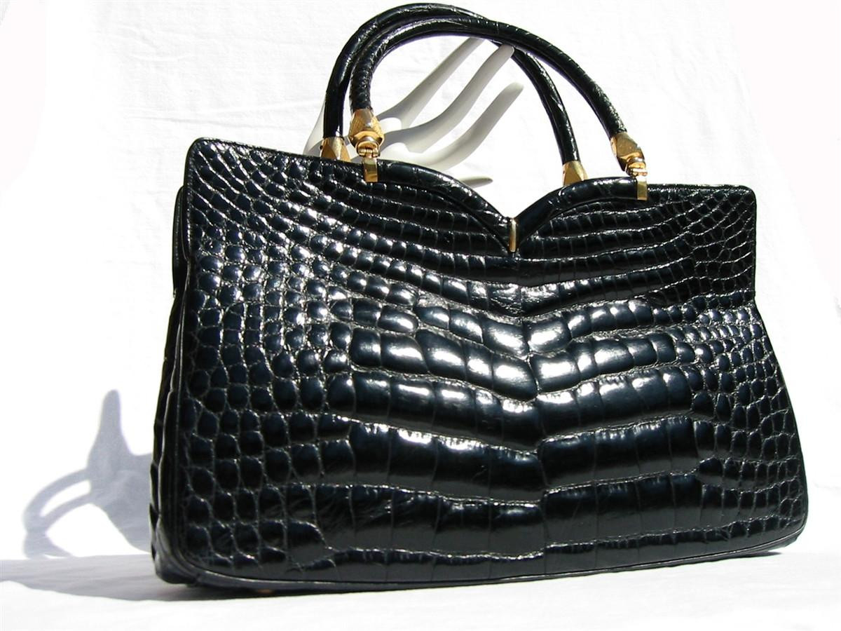 ROSENFELD 1950s-60's Jet Black ALLIGATOR Skin Handbag - Vintage Skins