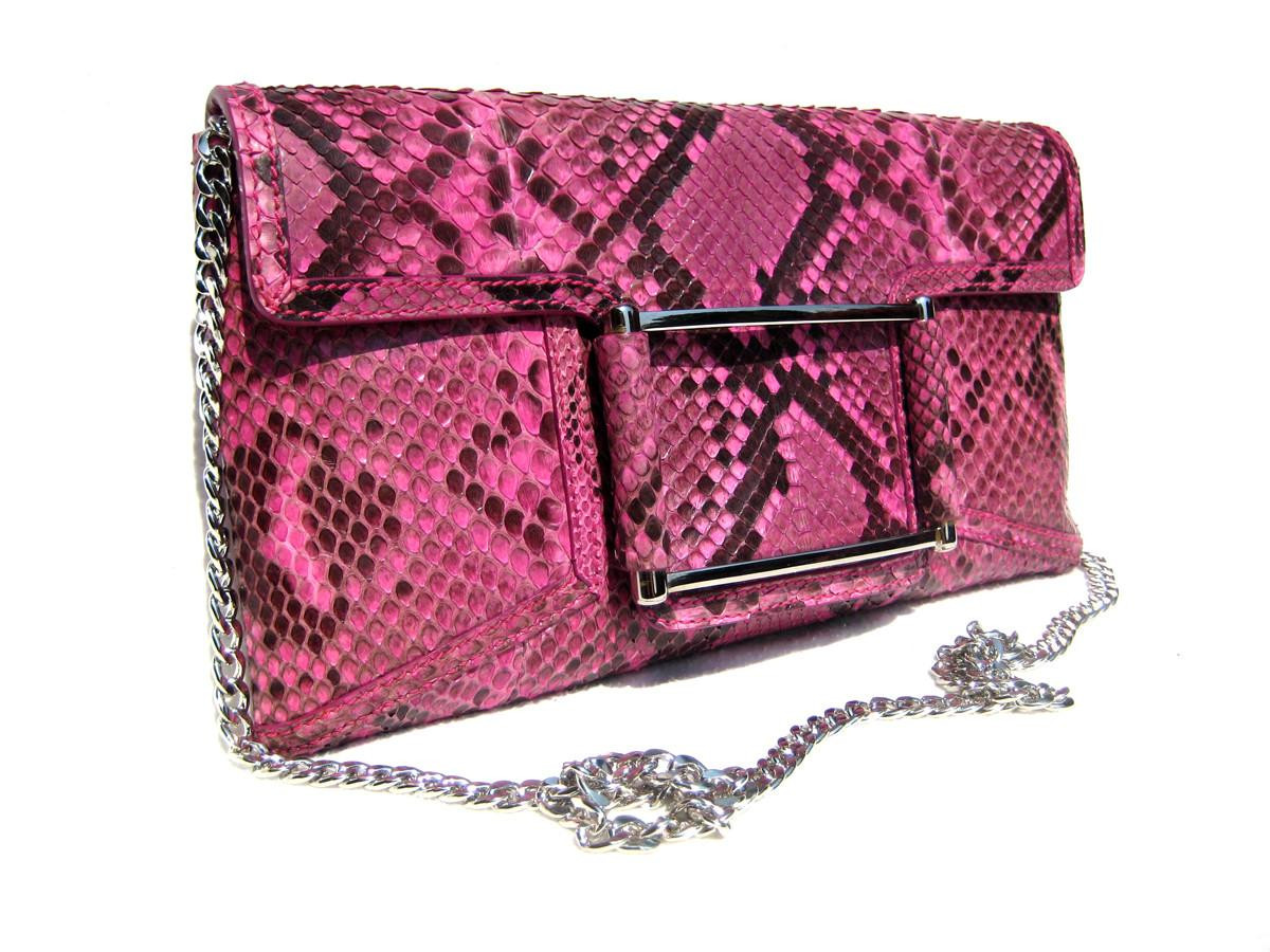 XL Early 2000's Fuchsia PINK PYTHON Snake Skin Clutch Shoulder Bag