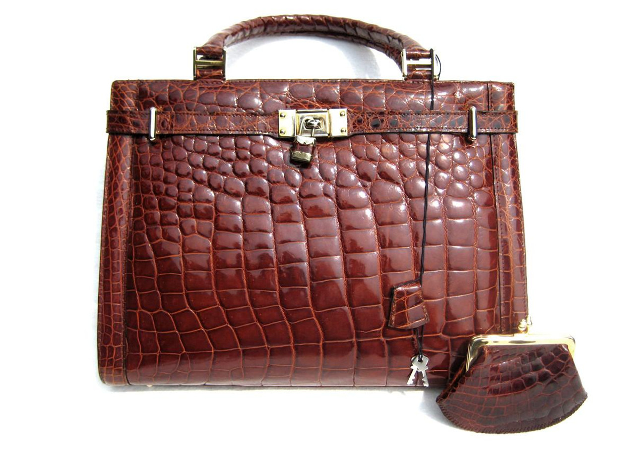 J. PEREZ 1990's Chestnut CROCODILE Belly Skin Belted Handbag