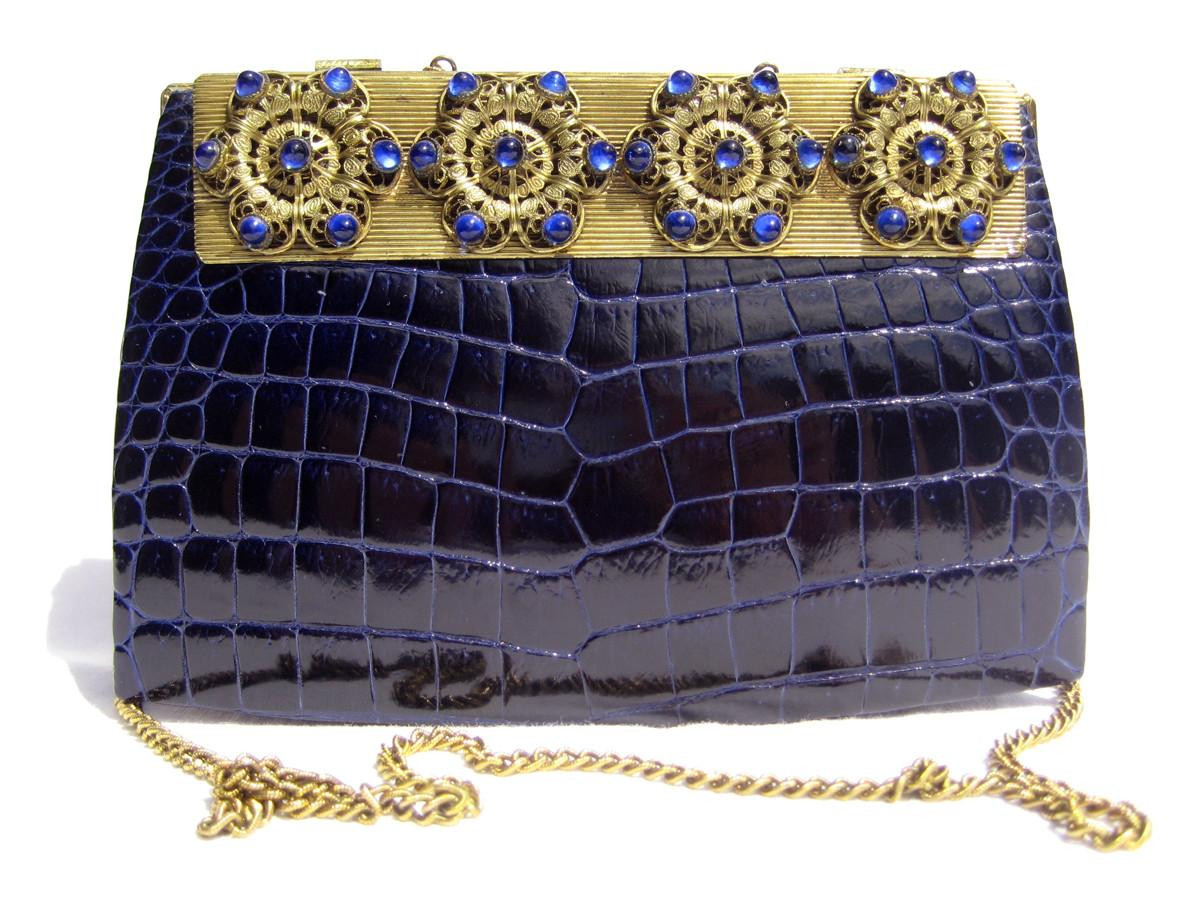 BLUE Jeweled 1960's CROCODILE Skin Shoulder Evening Bag - LA