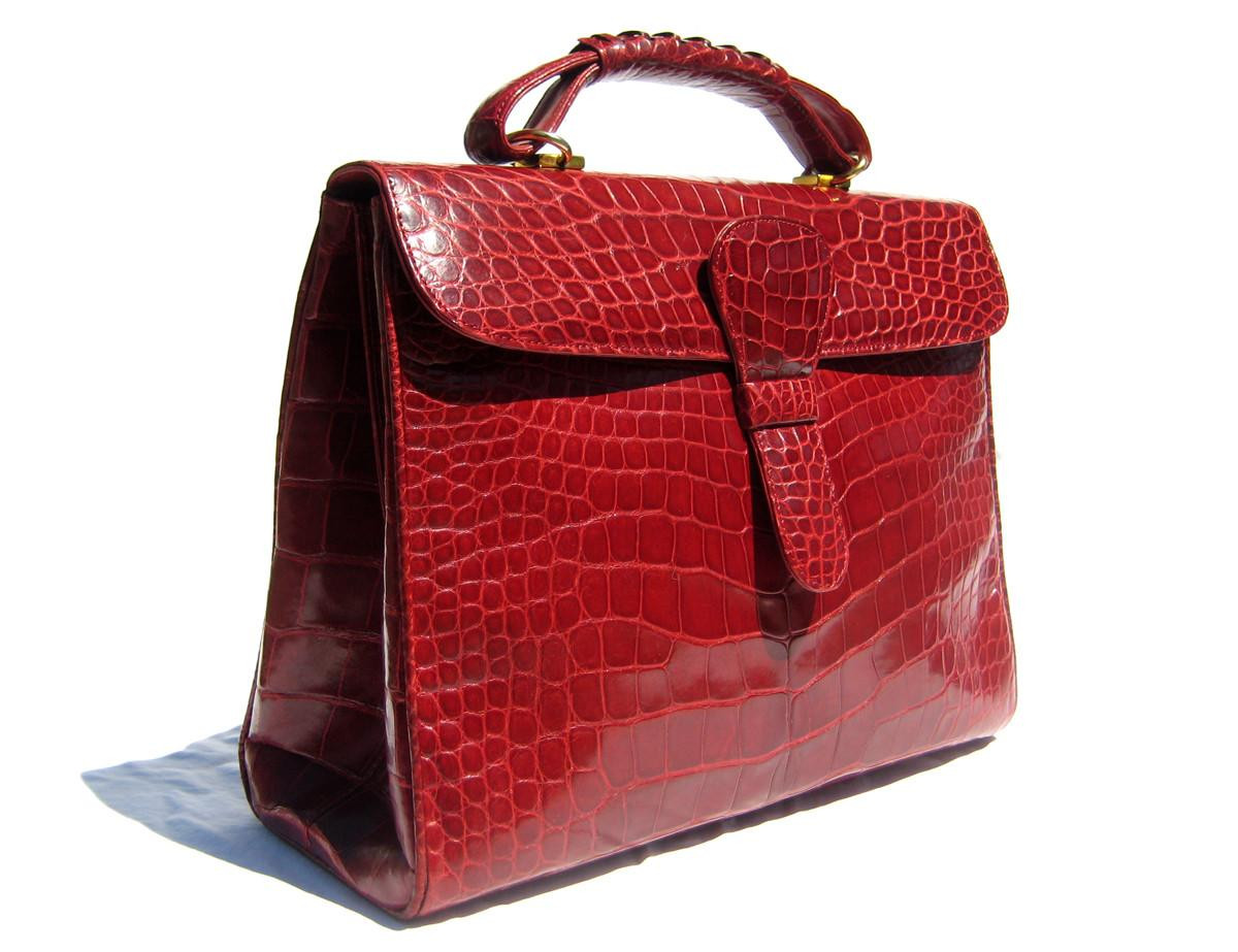 ヘンリベンデル赤 レザー ハンドバッグ XL 1990's-2000's Candy Apple RED ALLIGATOR Belly Skin Shoulder Bag