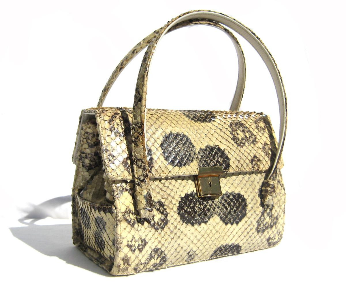 Unique 1960's Pale Yellow & Black ANACONDA Snake Skin Handbag