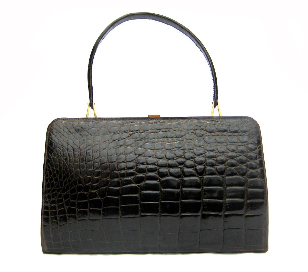 エリックニコラのカリグラム、バックヴィンテージ！ XL Classic 1950s-60's Espresso Brown Crocodile Skin Handbag