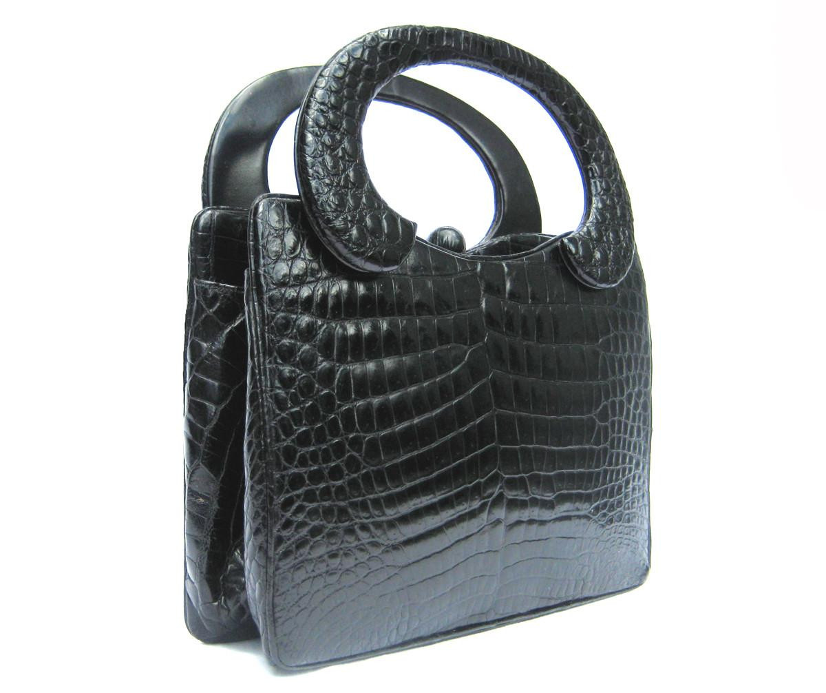 Unique HOLZMAN 1960's Jet Black Alligator Belly Skin Handbag
