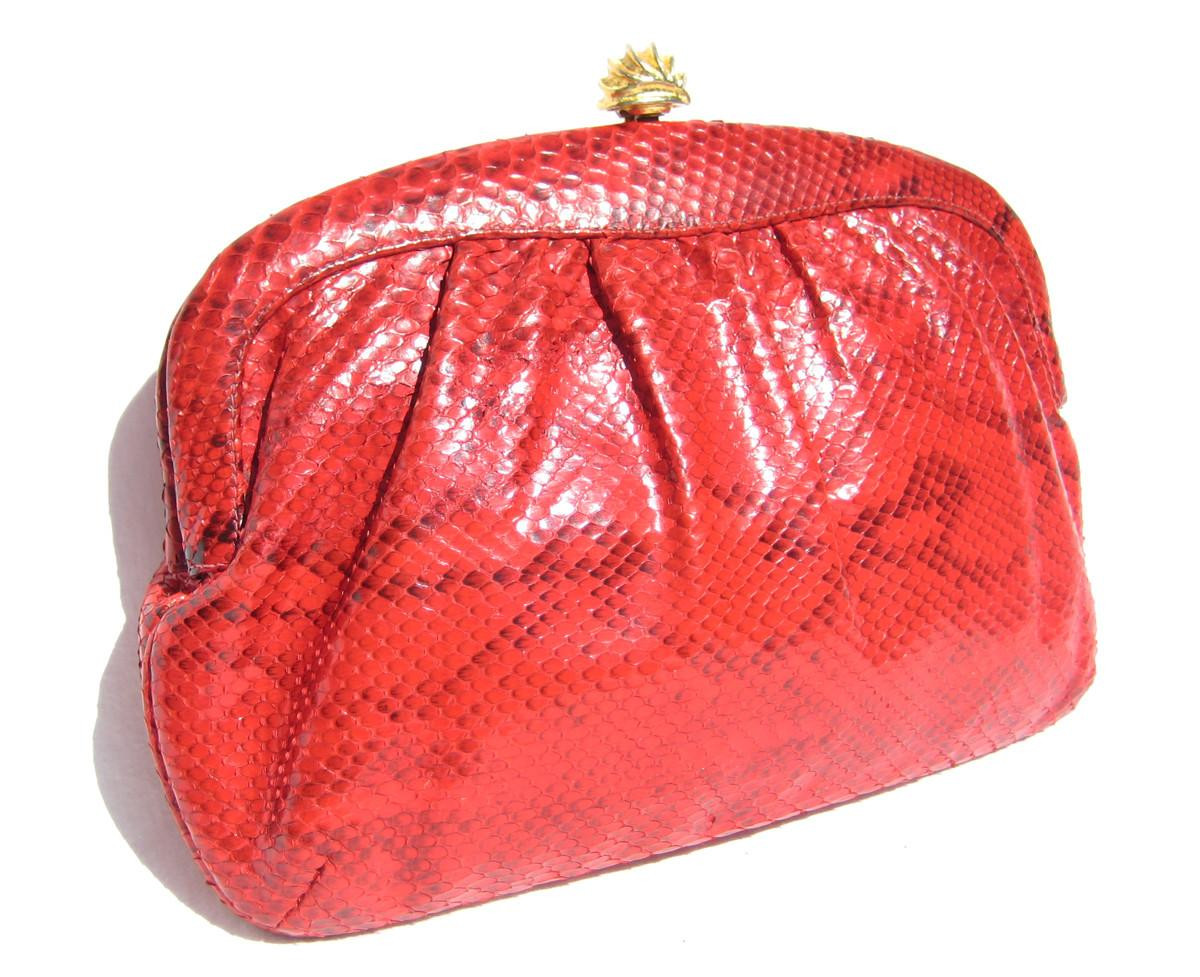 RED 1990's PYTHON Snake Skin Clutch Shoulder Bag - Morris