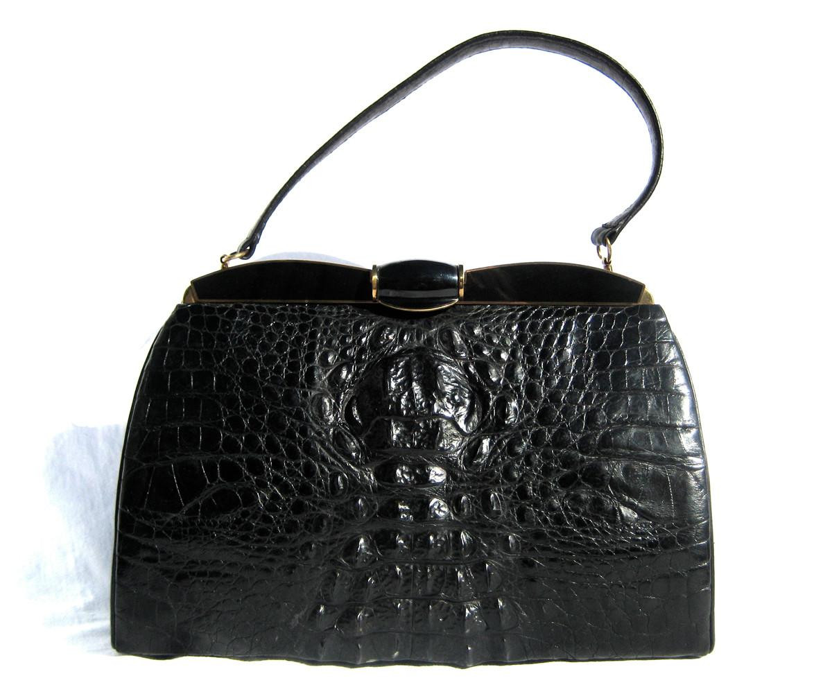German Jet BLACK 1950's-60's Hornback CROCODILE Skin Handbag
