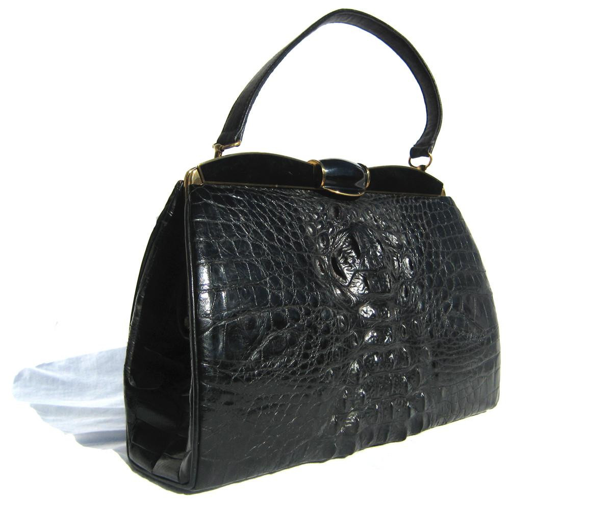 German Jet BLACK 1950's-60's Hornback CROCODILE Skin Handbag