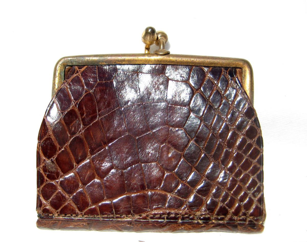 tobacco skins Square 1950's Tobacco Brown Crocodile Skin Change Purse