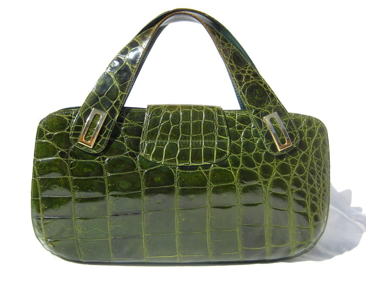 XXL MOSS GREEN 1980's-90's ALLIGATOR Belly Skin Handbag - Vintage
