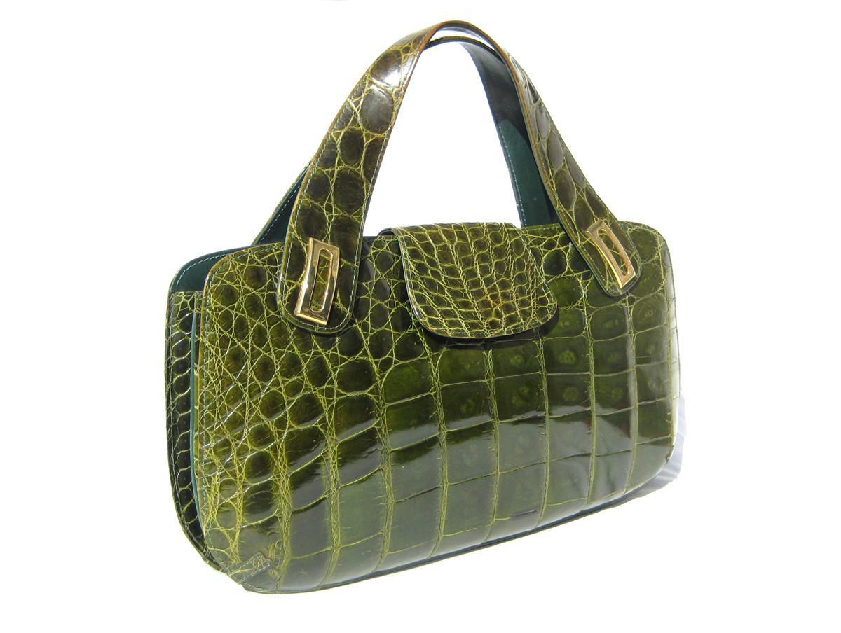 XXL MOSS GREEN 1980's-90's ALLIGATOR Belly Skin Handbag - Vintage