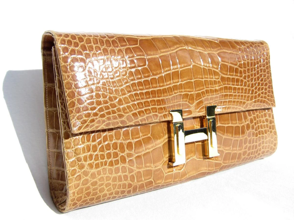 LARGE 1990's TAN Alligator Belly Skin Clutch Shoulder Bag