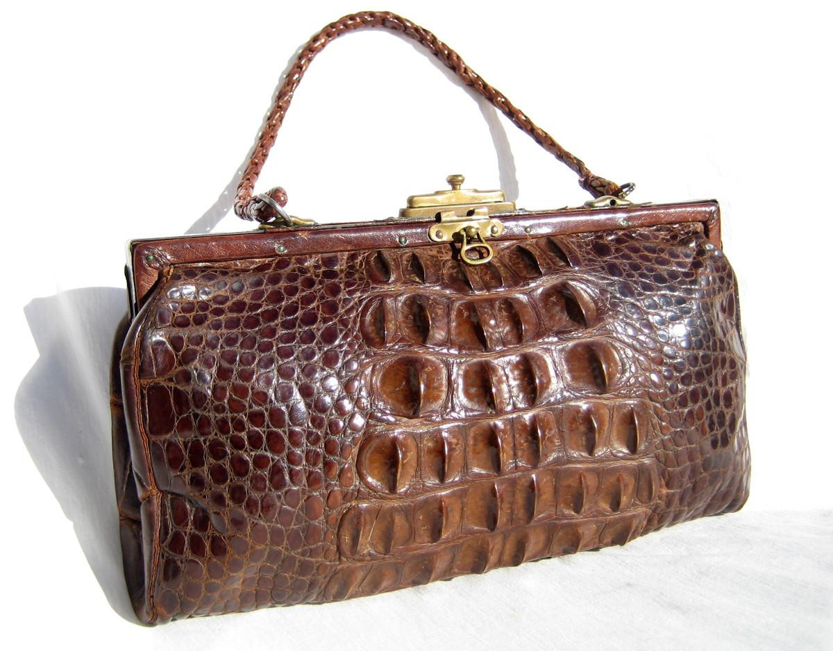 Lovely Brown Early 1900's Edwardian HORNBACK Alligator Handbag