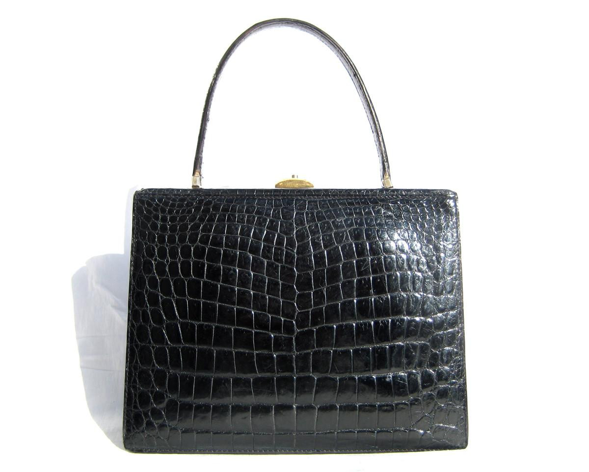 TRES CHIC 1960's Jet Black CROCODILE Belly Skin Handbag - Vintage