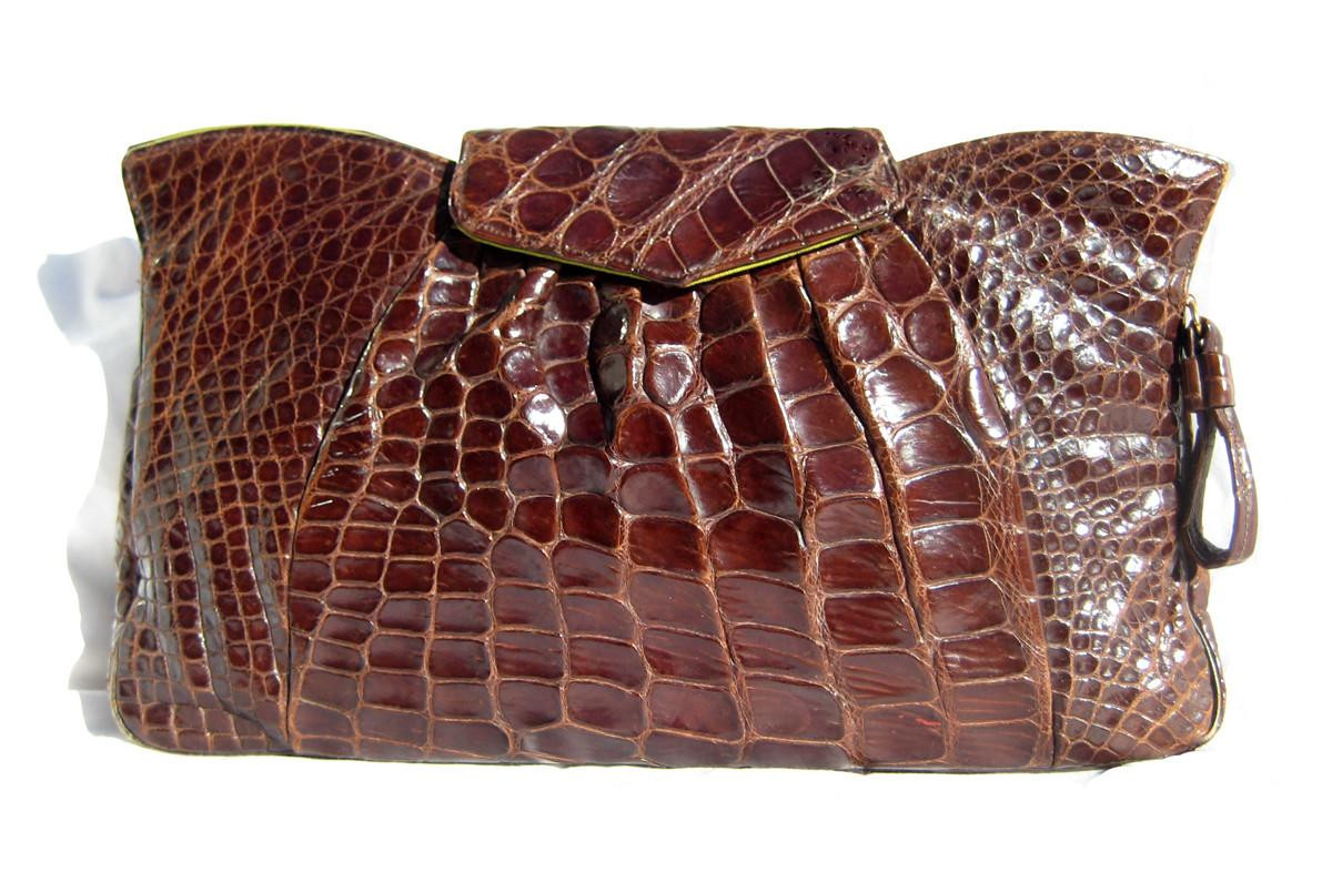 Brown 1940's Deco ALLIGATOR Skin Clutch Purse - Deitsch-Style