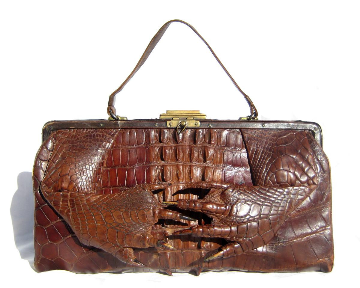 Dramatic Brown Early 1900's Antique Hornback Alligator Handbag w