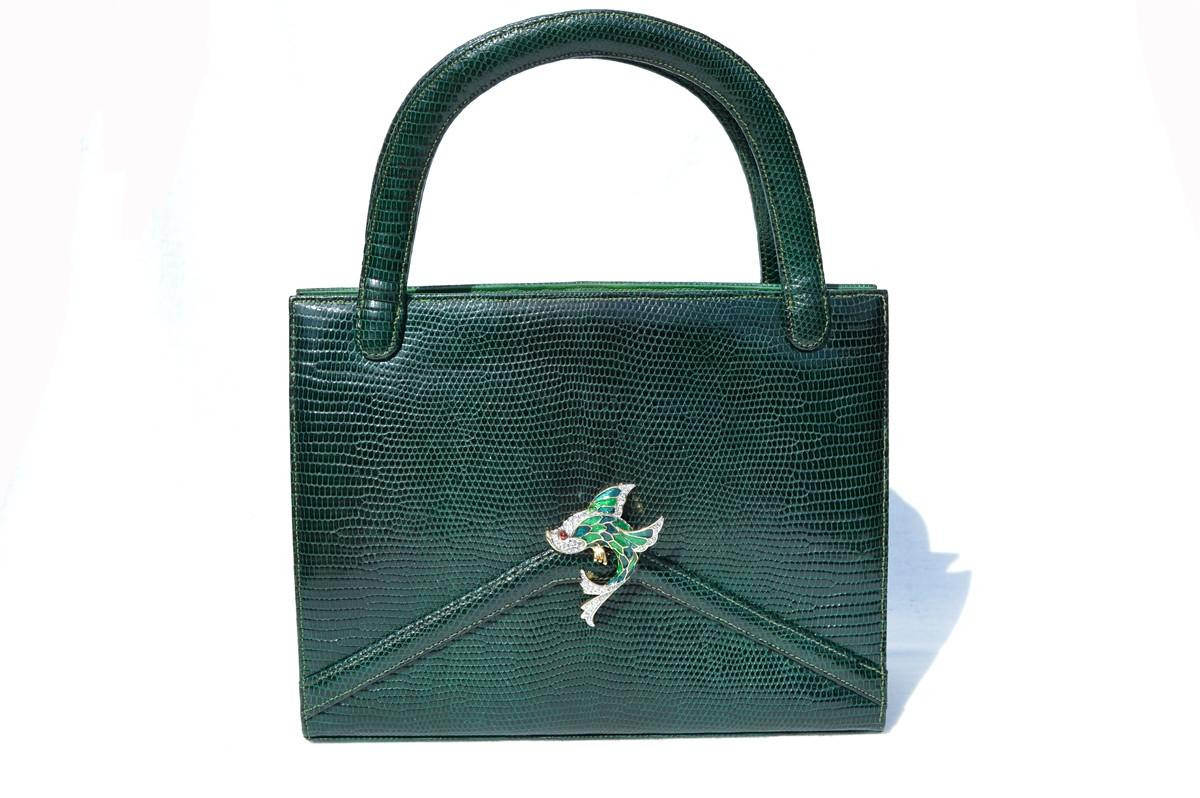 MARTIN VAN SCHAAK 1950's-60's GREEN Lizard Skin Handbag - FISH