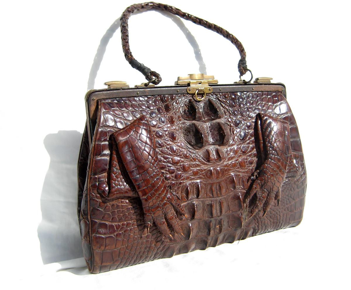 1930's Dark Brown Hornback Alligator Skin Handbag - Paws