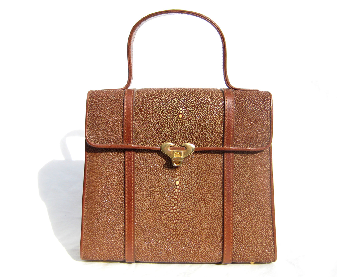 Cognac Brown STINGRAY Skin Top Handle Handbag - Vintage Skins