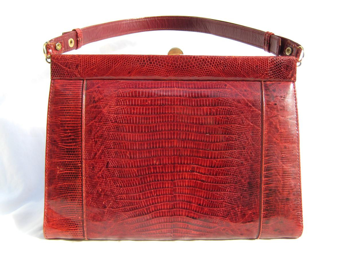 1950's-60's Burgundy RED Lizard Skin Top Handle Bag - Vintage Skins