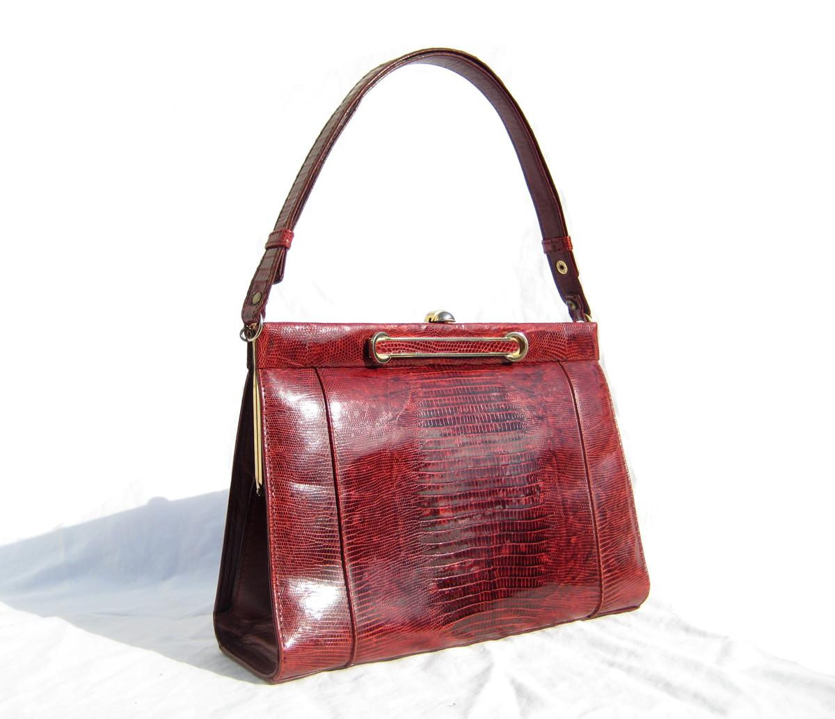 1950's-60's Burgundy RED Lizard Skin Top Handle Bag - Vintage Skins