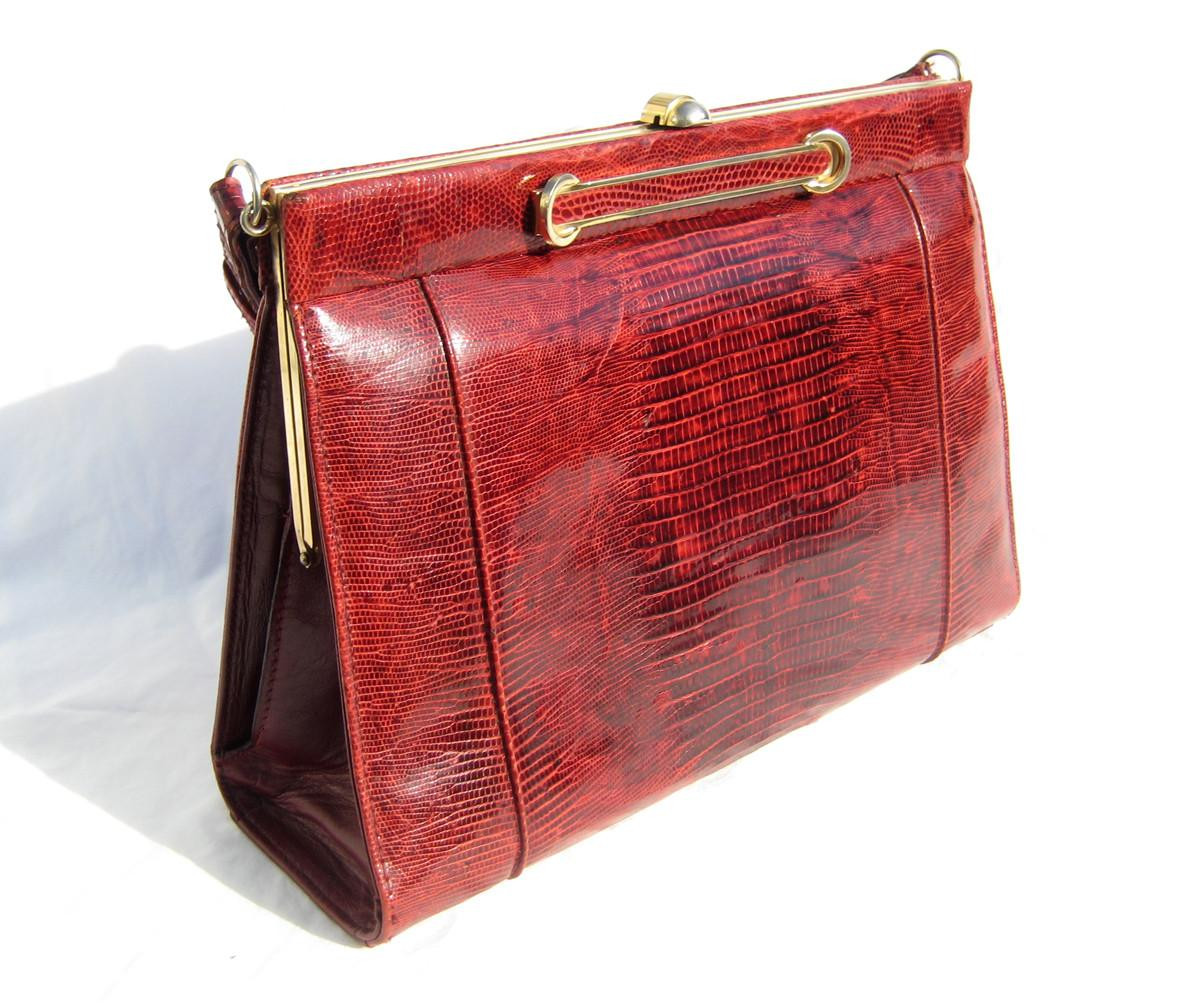 1950's-60's Burgundy RED Lizard Skin Top Handle Bag - Vintage Skins