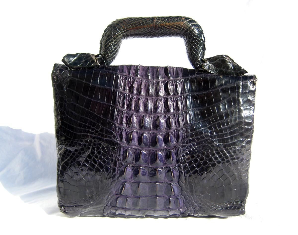 バッグ Rare Black Croco Leather Bag archive 00s Beautiful Dark PURPLE 1920's-30's Hornback Crocodile Handbag w
