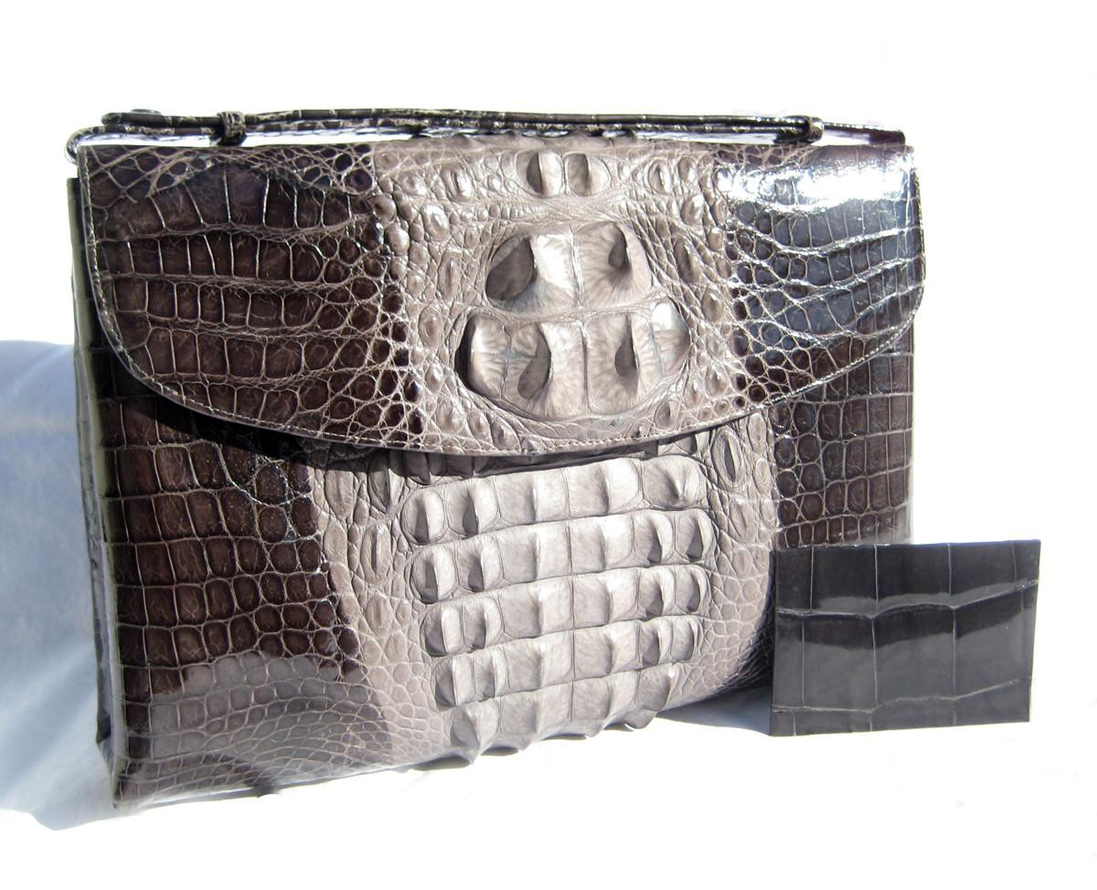 1960's XL Stunning Charcoal & Light Gray Hornback CROCODILE Clutch