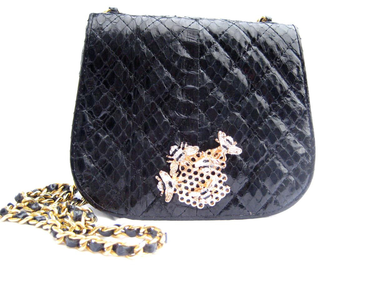 Custom BLACK Jeweled Bee Hive Chanel-Style 1990's Quilted Snake