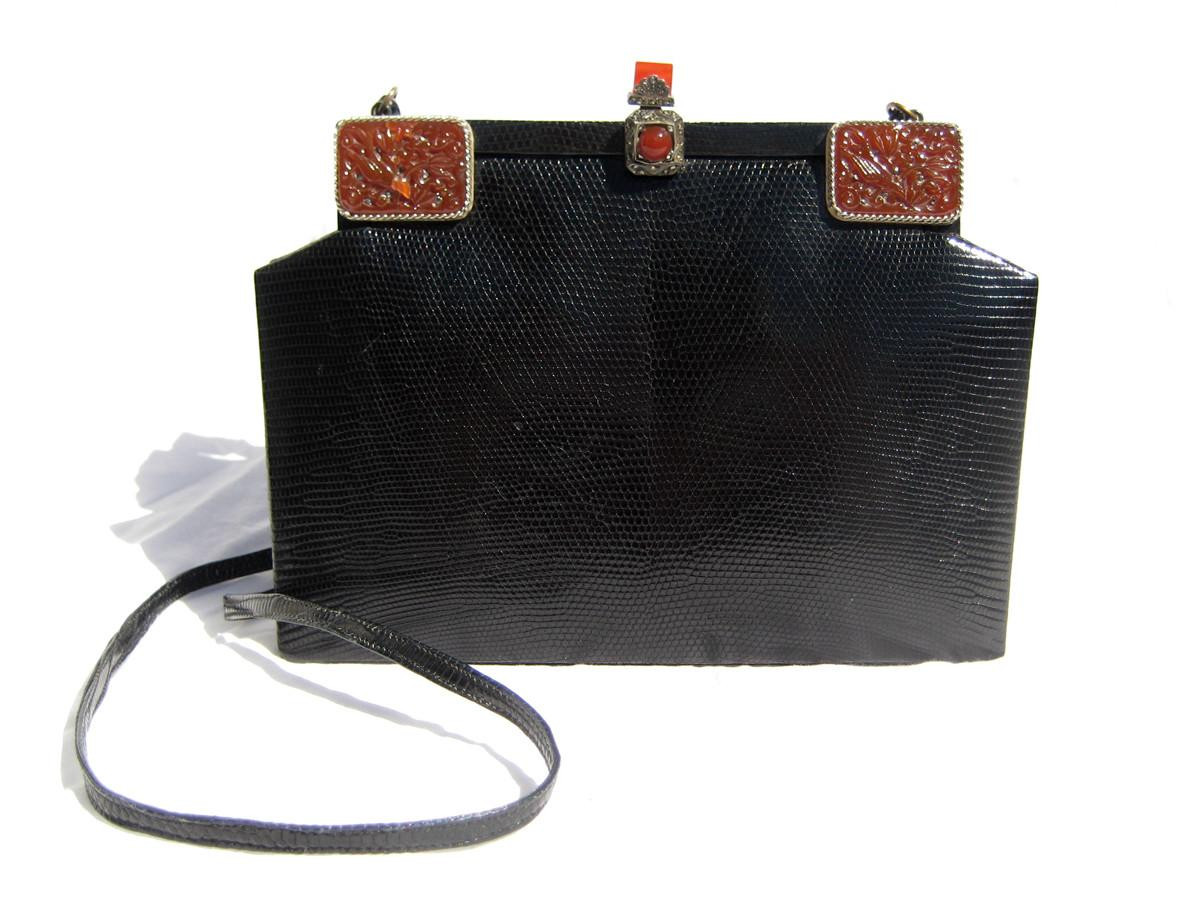 Black JEWELED 1970's LIZARD Skin Shoulder Bag - LA JEUNESSE
