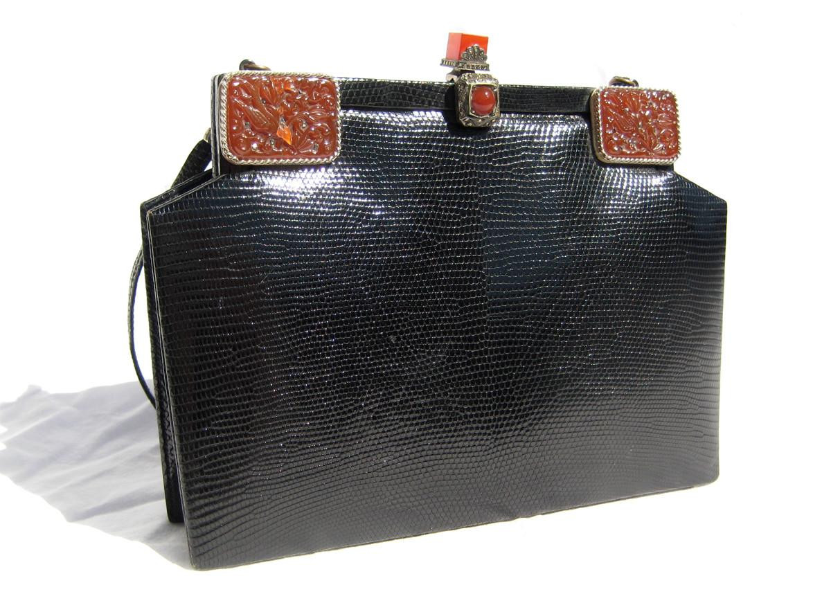 Black JEWELED 1970's LIZARD Skin Shoulder Bag - LA JEUNESSE