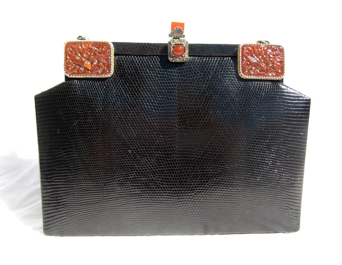 Black JEWELED 1970's LIZARD Skin Shoulder Bag - LA JEUNESSE