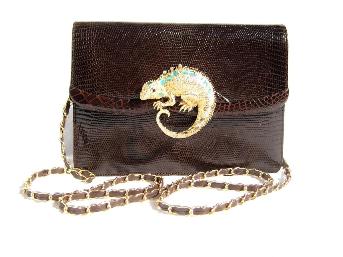 【良品】Lizard skin リザード /ツイストゴールド金具/ ハンドバッグ 良品】Lizard skin リザード /ツイストゴールド金具/ ハンドバッグ