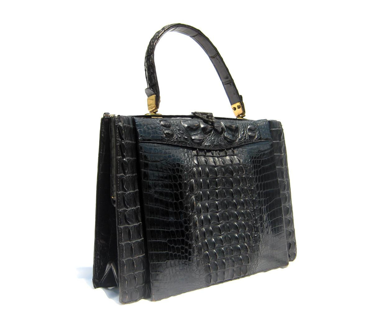 Amazing JET BLACK 1960's Hornback ALLIGATOR Skin Handbag w/Tail