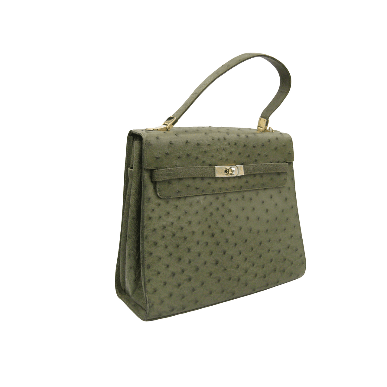 Early 2000's Army Green KELLY Style OSTRICH Skin Handbag - Vintage