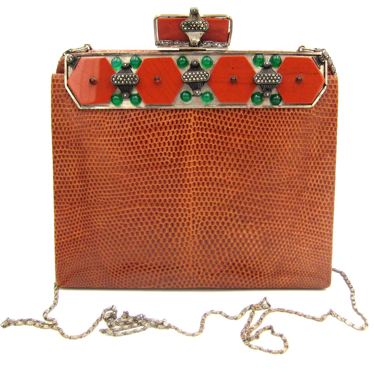 Burnt Orange JEWELED 1970's LIZARD Skin Shoulder Bag - LA JEUNESSE