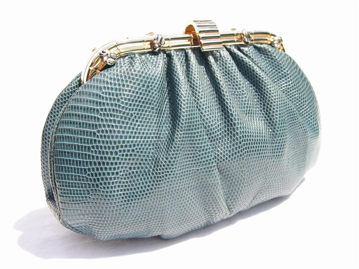 Rare TEAL GREEN 1980's JUDITH LEIBER Lizard Skin Purse - FROGS