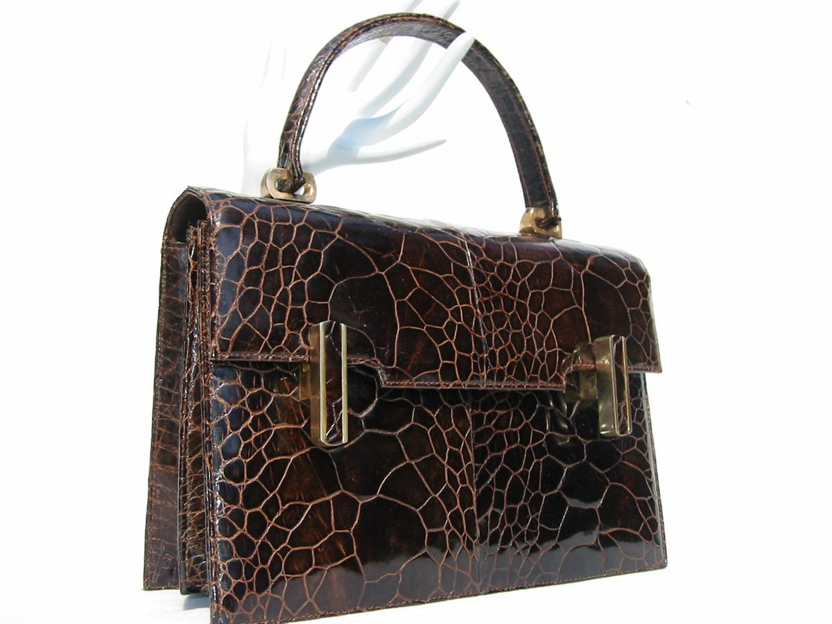 AMPLE 1950's-60's Chocolate EXOTIC TURTLE SKIN Handbag - Vintage Skins
