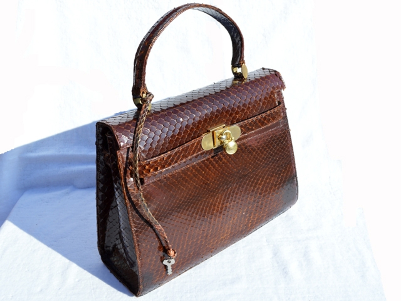 XL 1970's-80's Brown PYTHON Skin BIRKIN Style Bag with Lock & Key