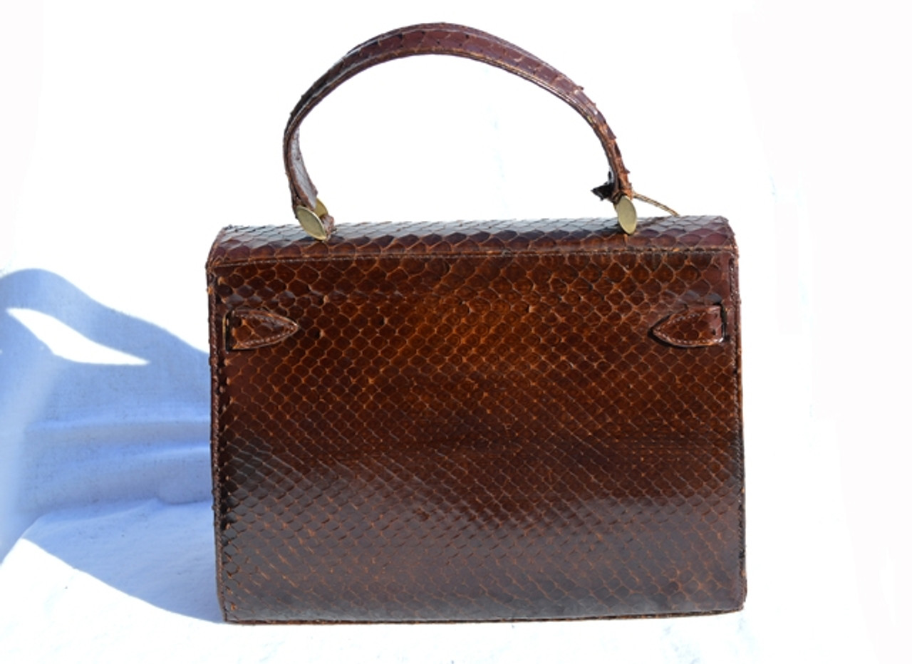 XL 1970's-80's Brown PYTHON Skin BIRKIN Style Bag with Lock & Key