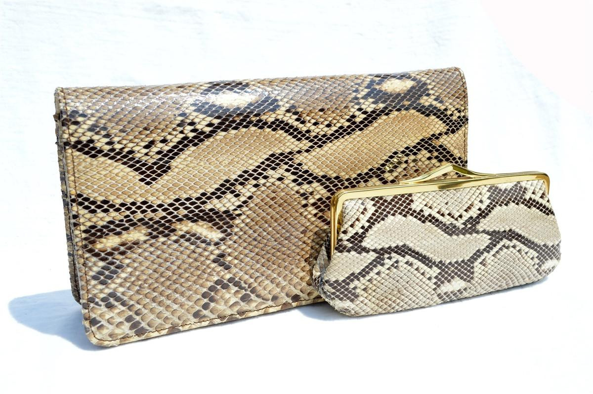 Sleek 1970's-80's PYTHON Snake Skin CLUTCH w/Matching PURSE