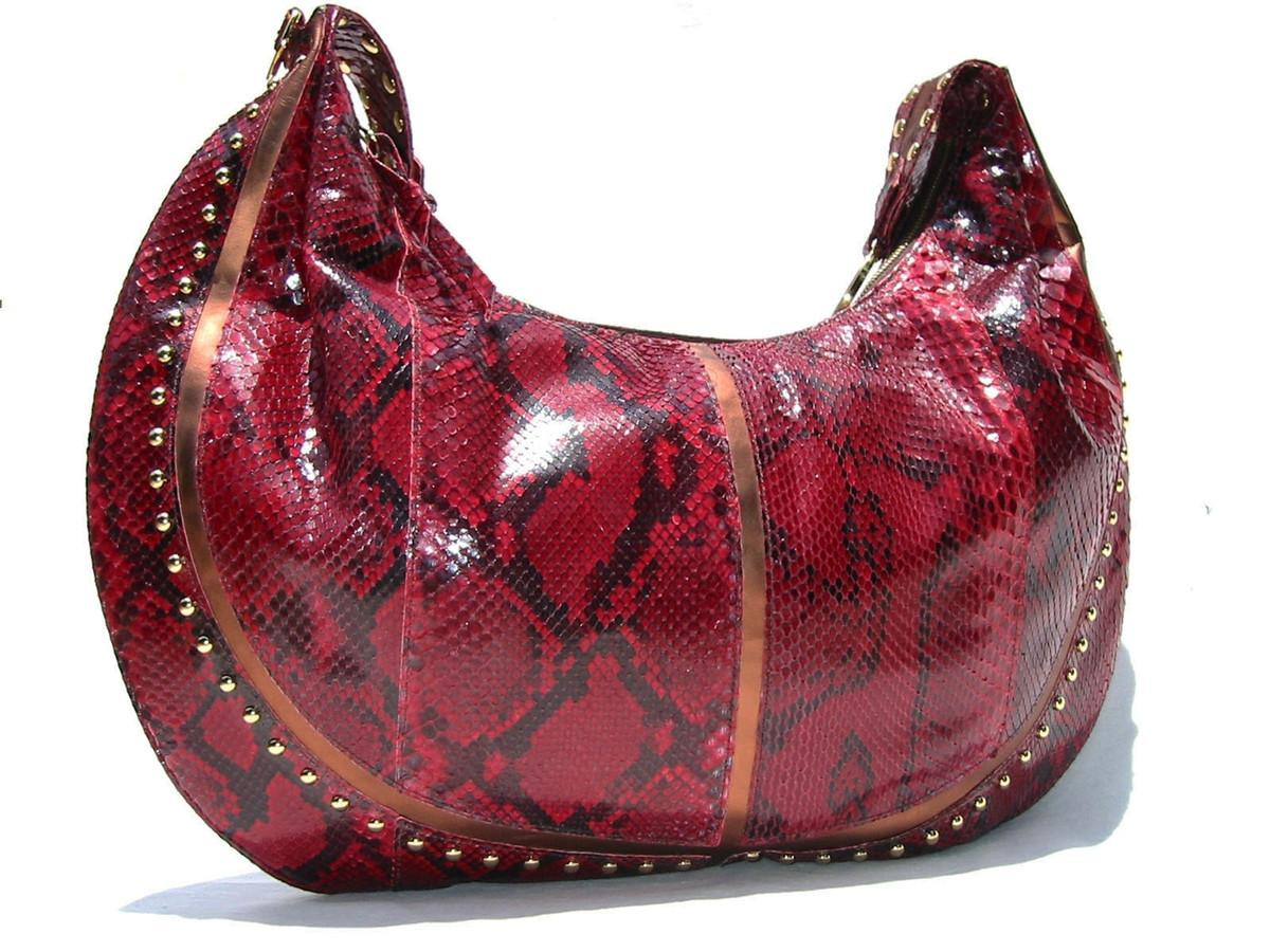 HUGE 20 x 13 Studded RED PYTHON Skin Hobo Bag - KAZUYO NAKANO