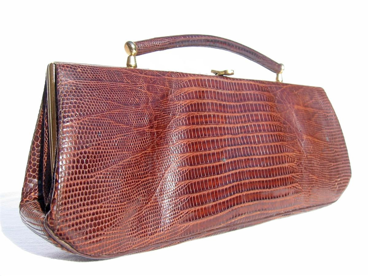 CHOCOLATE 1950's-60's Lizard Skin Bag w/Structured Handle - LESCO