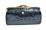  Large 1980's-90's Jet Black Caiman Crocodile Change Purse Wallet 
