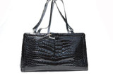  Jet Black 1990's JUDITH LEIBER Alligator Belly Skin Shoulder Bag 