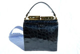  1950's-60's Jet Black Structured ALLIGATOR Skin Handbag - Unique Clasp 